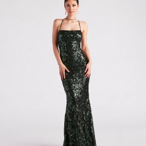CLEARANCE - Lacie Formal Sequin Lace-Up Mermaid Dress