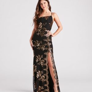 Kamryn Floral Sequin High Slit Formal Dress
