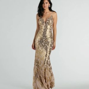 Brie Formal Sequin Leaf Plunge Mermaid Dress