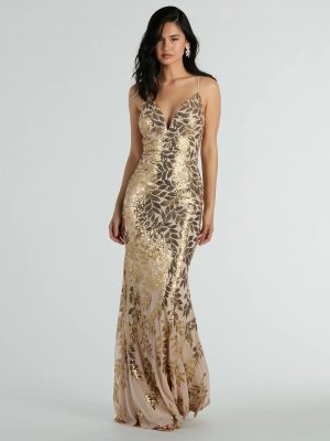 Brie Formal Sequin Leaf Plunge Mermaid Dress