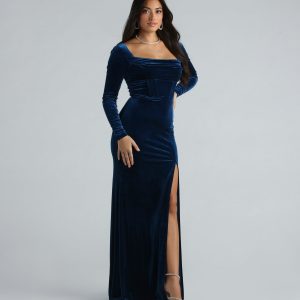 CLEARANCE - Pam Formal Velvet Long Sleeve Mermaid Dress