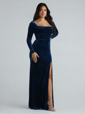 CLEARANCE - Pam Formal Velvet Long Sleeve Mermaid Dress