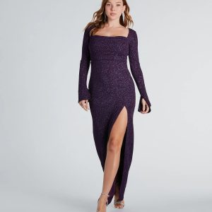 Jess Formal Glitter Long Sleeve Slit Dress