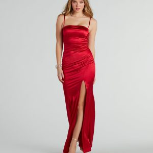 CLEARANCE - Hallie Rhinestone Satin High Slit Mermaid Dress