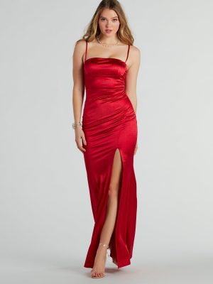 CLEARANCE - Hallie Rhinestone Satin High Slit Mermaid Dress