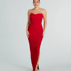 Aurie Formal Crepe Strapless Slit Long Dress