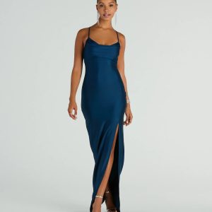 Natalie Cowl Neck Lace-Up Slit Column Dress
