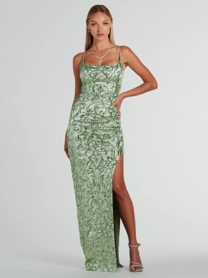 Alessia Square Neck Slim Sequin Satin Formal Dress