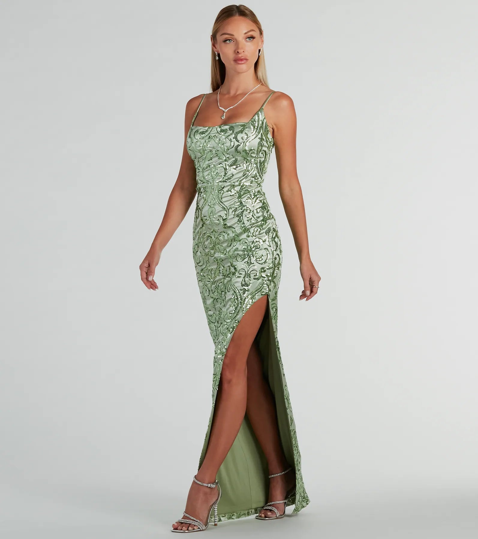 Alessia Square Neck Slim Sequin Satin Formal Dress - Image 4
