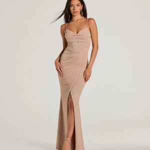 Mila Cowl Neck Wrap Slit Mermaid Glitter Formal Dress
