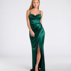 Michelle Applique Trim Wrap Satin Formal Dress