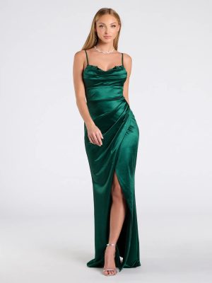 Michelle Applique Trim Wrap Satin Formal Dress