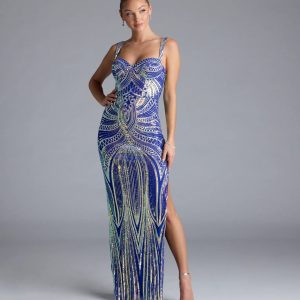 Elisa Iridescent Sequin High Slit Column Dress