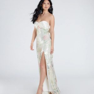 Angelina Satin Tie-Back Floral Sequin Formal Dress