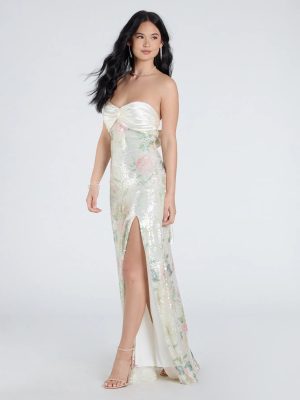 Angelina Satin Tie-Back Floral Sequin Formal Dress