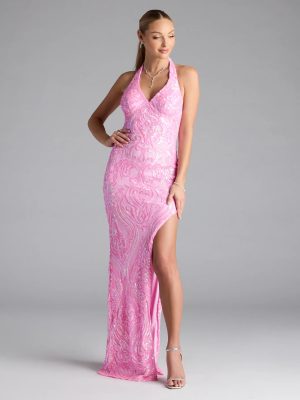 Larrea Halter Bodycon Slit Sequin Formal Dress