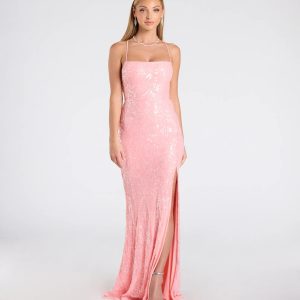 Mariah Lace-Up Slit Sequin Formal Dress