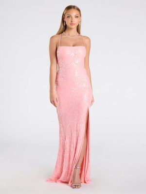 Mariah Lace-Up Slit Sequin Formal Dress