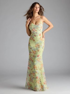 Rosalee Lace-Up Floral Mesh Formal Dress