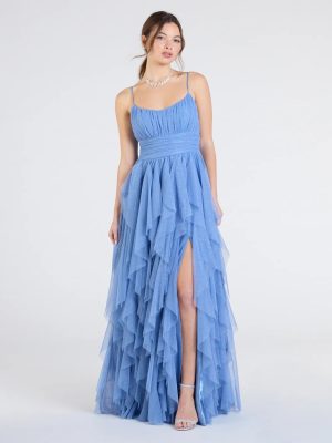 Katrina Ruffled Slit A-Line Glitter Mesh Formal Dress