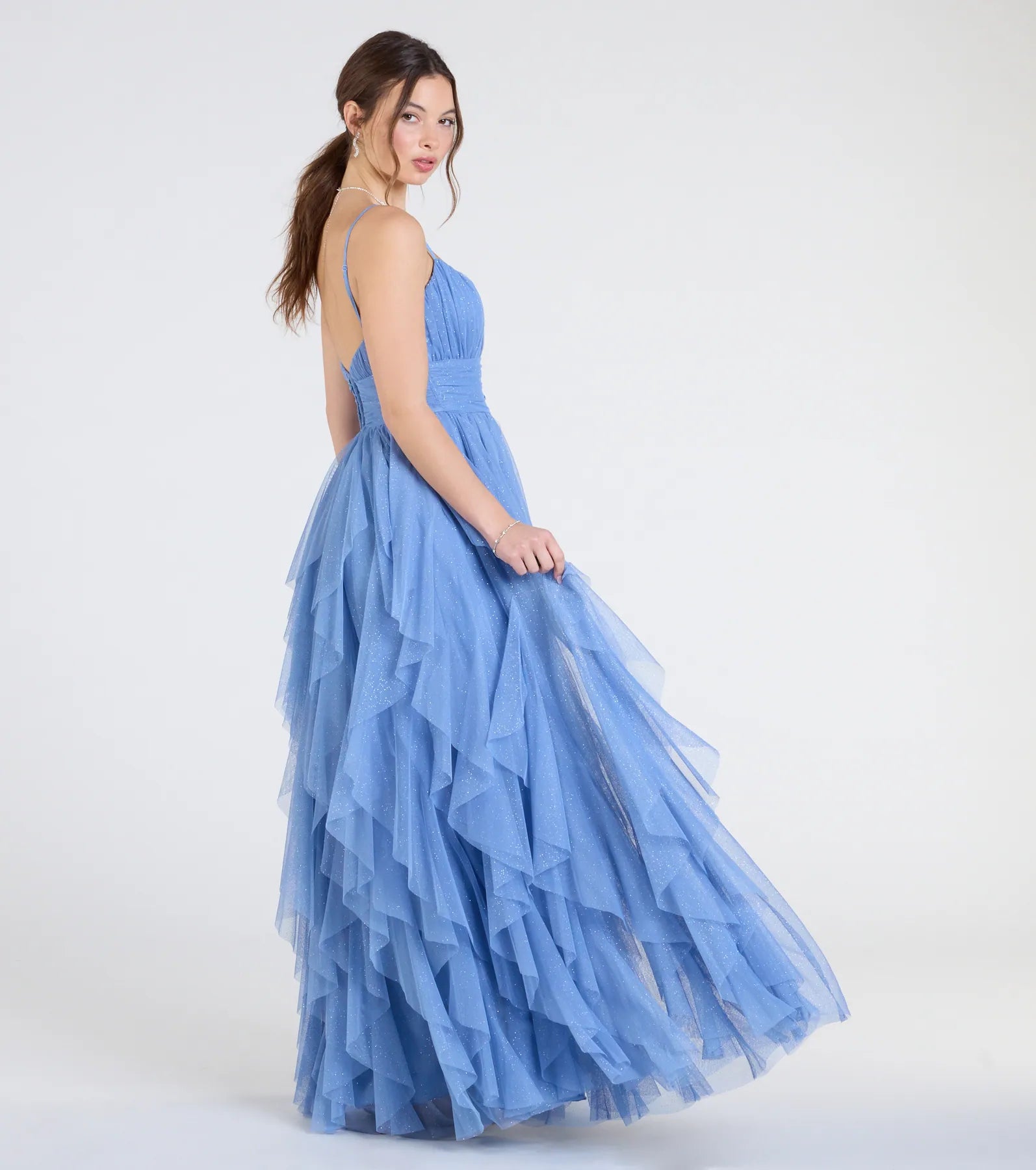 Katrina Ruffled Slit A-Line Glitter Mesh Formal Dress - Image 2