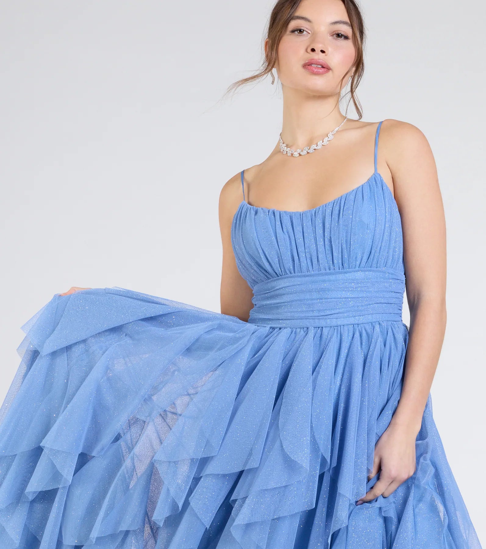 Katrina Ruffled Slit A-Line Glitter Mesh Formal Dress - Image 3