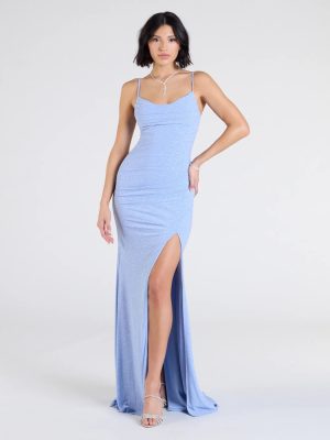 Madison Cowl Neck Slit Glitter Formal Dress
