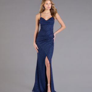 Johanna Cowl Neck Slit Glitter Formal Dress