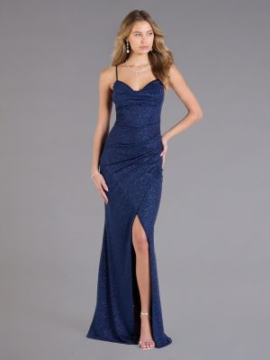 Johanna Cowl Neck Slit Glitter Formal Dress