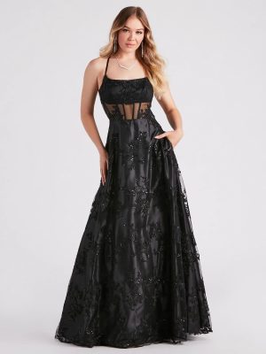 Monica Sequin Embroidered Lace Ball Gown