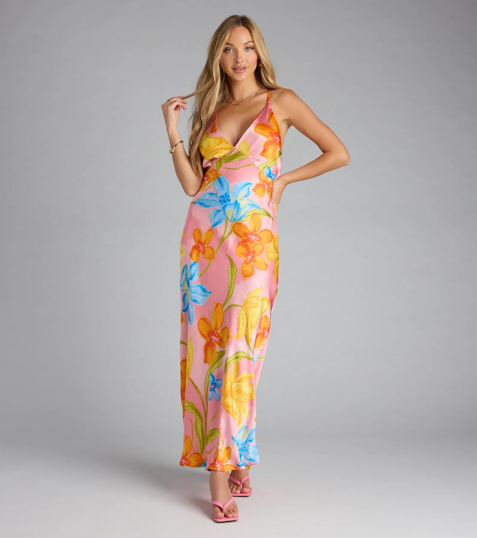 Island Glow Floral Satin Maxi Dress