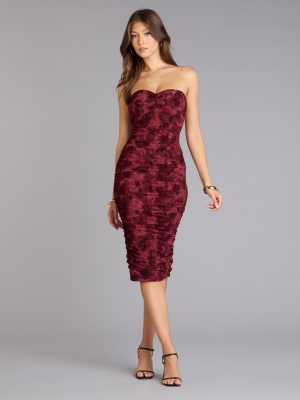 Velvet Bloom Flocked Floral Strapless Midi Dress
