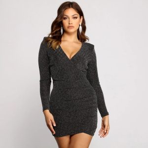 Wrapped In Glamour Ruched Glitter Mini Dress