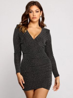 Wrapped In Glamour Ruched Glitter Mini Dress