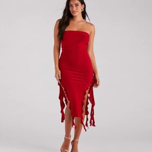 Flirtatious Aura Ruffled High Slit Midi Dress