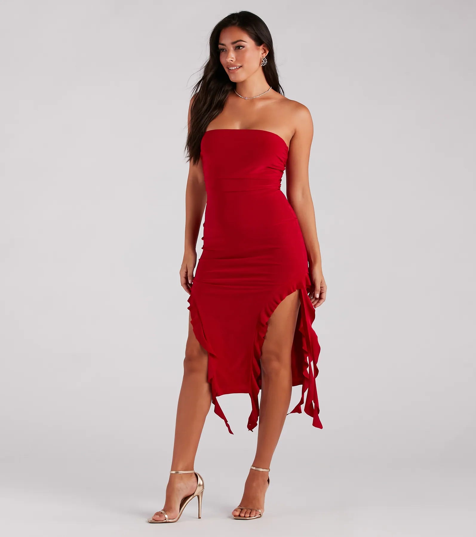 Flirtatious Aura Ruffled High Slit Midi Dress - Image 3