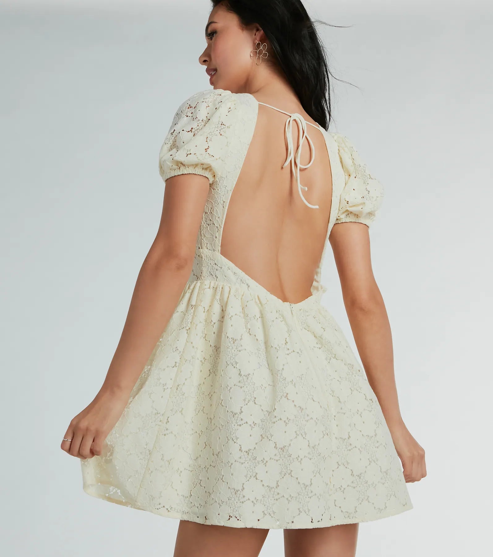 Flirty Aura Puff Sleeve Floral Lace Skater Dress - Image 2