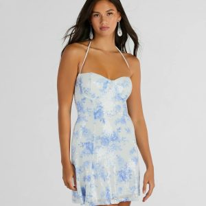 Sparkly Excellence Floral Sequin Mini A-Line Dress