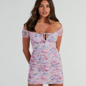 Sweet Charm Off-The-Shoulder Floral Mesh Mini Dress