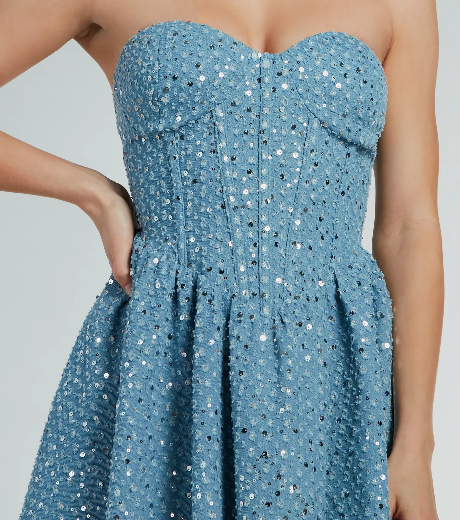 So Flirty Strapless Sequin Glitter Denim Skater Dress - Image 4