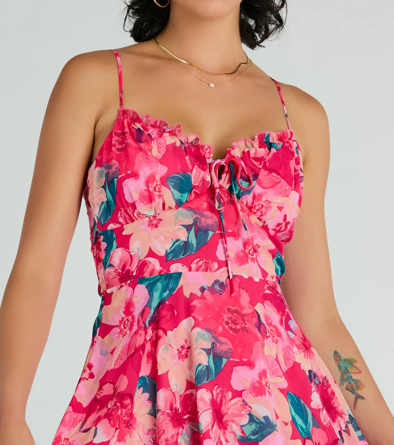 Tropical Blooms Floral Ruffle Chiffon Skater Dress - Image 4