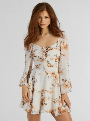 Gorgeous Mood Lace Up Floral Chiffon Skater Dress