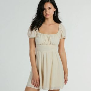 Flirt And Twirl Puff Sleeve Tie-Back Skater Dress