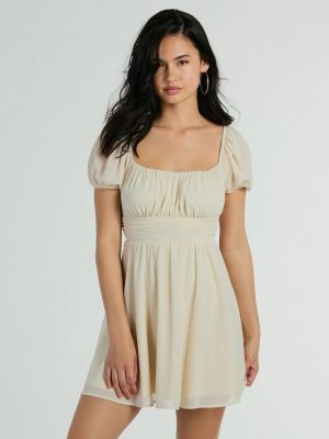 Flirt And Twirl Puff Sleeve Tie-Back Skater Dress