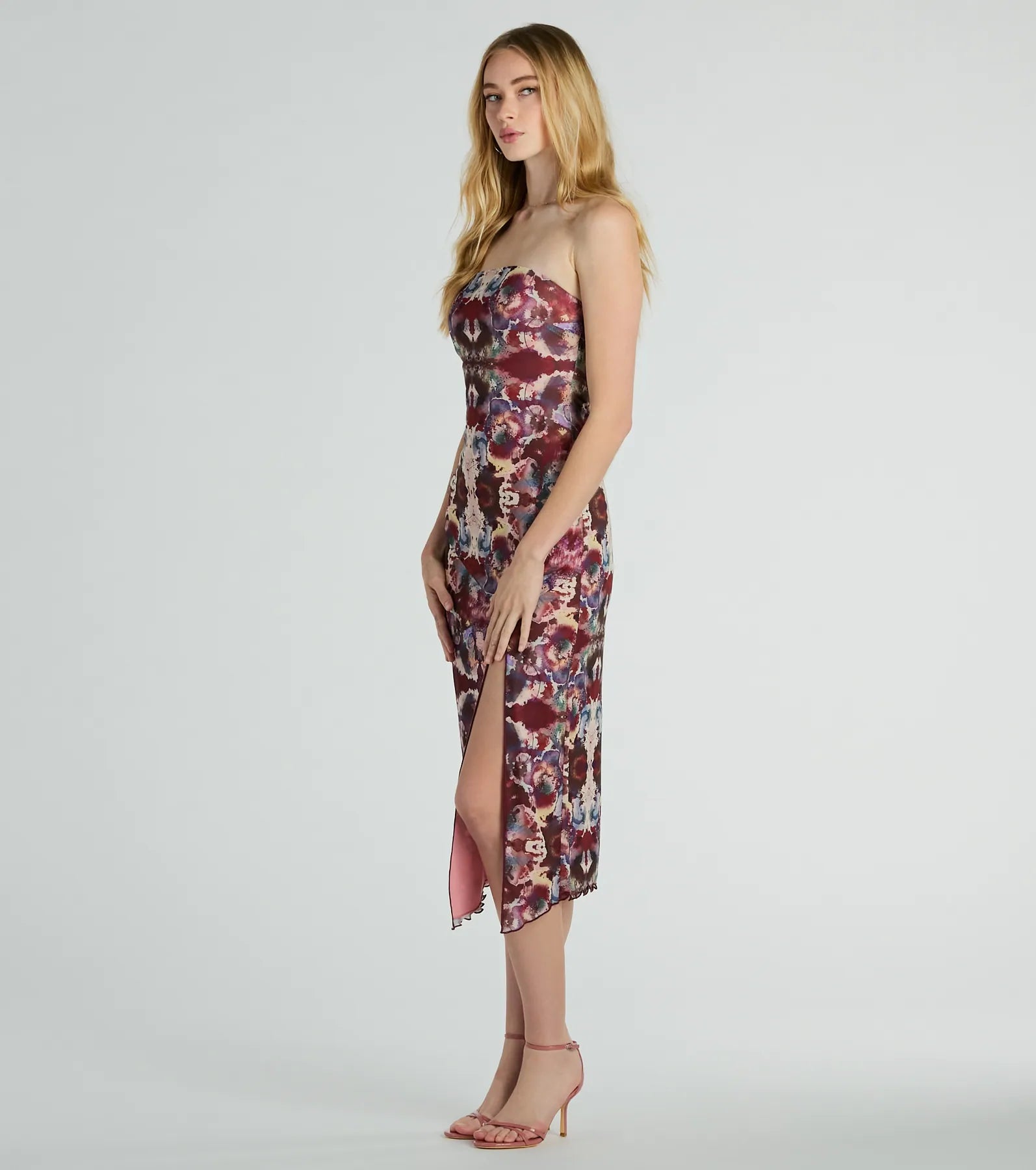 Chic Illusion Strapless Artsy Printed Midi Dress - Image 4