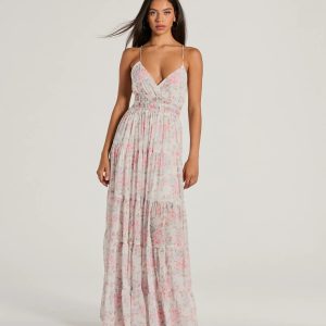 Exceptional Bliss Lace-Up Floral Chiffon Maxi Dress