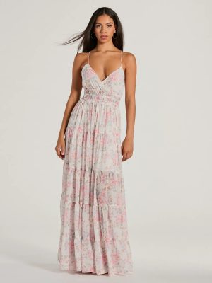 Exceptional Bliss Lace-Up Floral Chiffon Maxi Dress