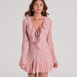 Dreamy Mix Long Sleeve Ruffle Lace A-Line Dress