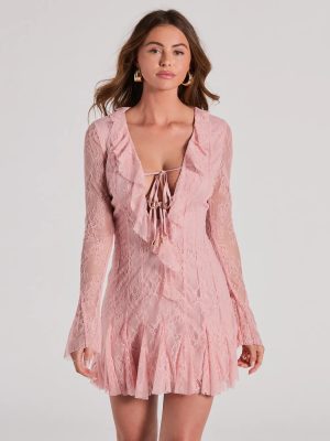 Dreamy Mix Long Sleeve Ruffle Lace A-Line Dress