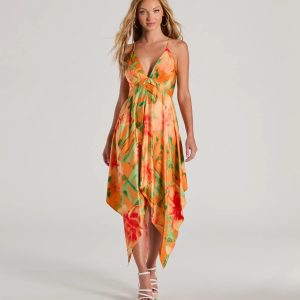 Paradise Bound Tropical Floral Satin Midi Dress